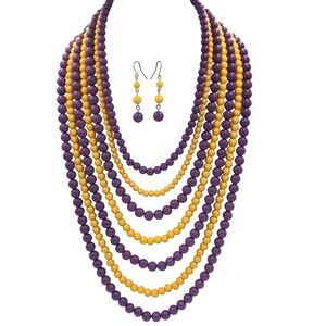 Purple & Yellow 7 Row Layered Bead Statement Necklace Earrings Set